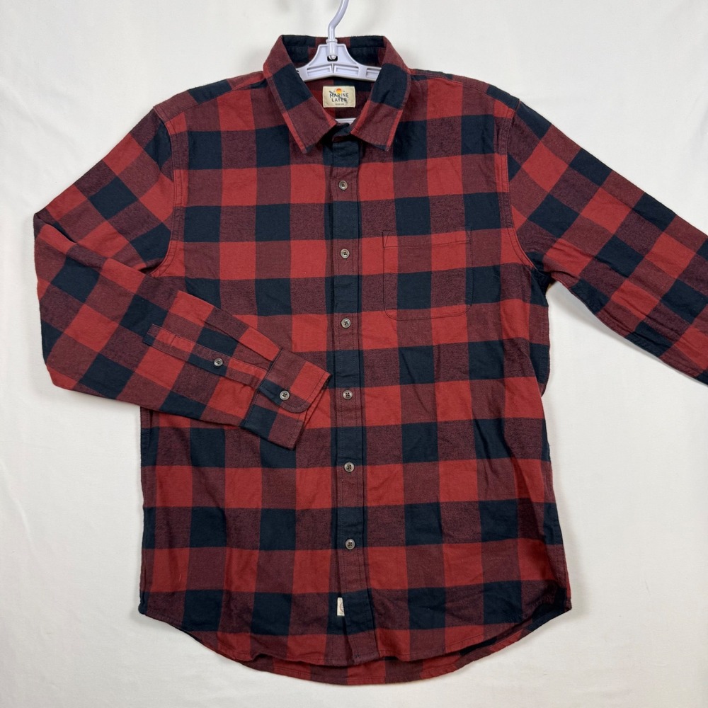 Marine Layer Mens Medium Red Black Plaid Cotton Flannel Button Down Shirt